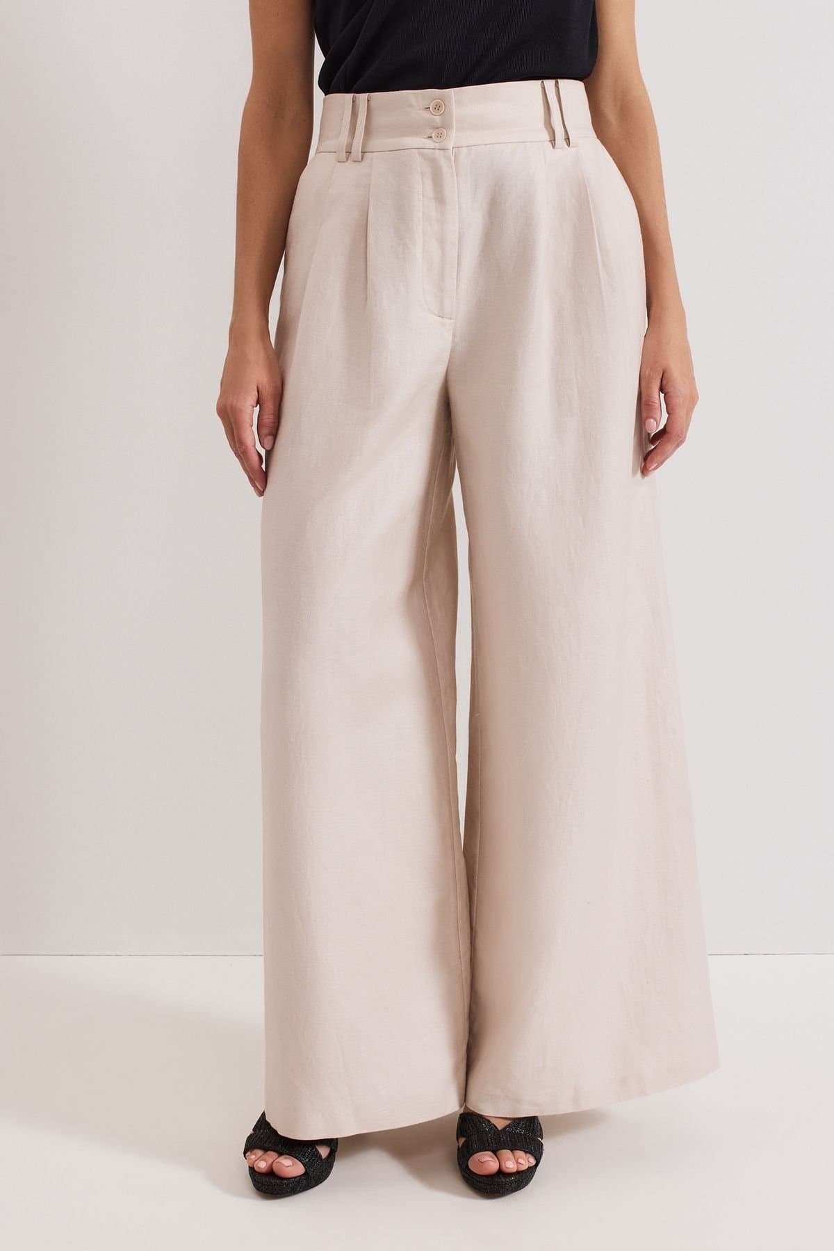 Phase Eight Phase Eight Light Beige Linen Wide Leg Trousers