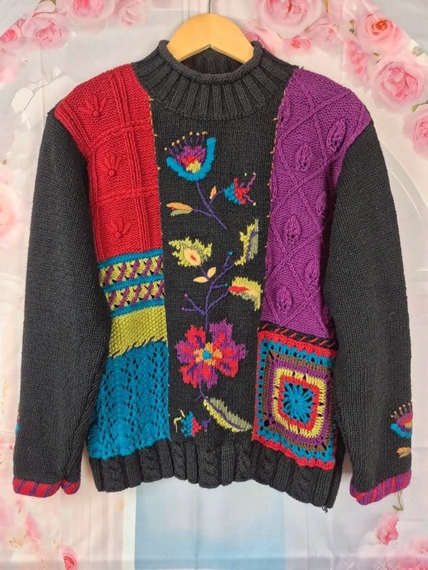 Coldwater Creek Coldwater Creek Patchwork Knit Sweater XL Embroidered Boho Folk Floral - 1
