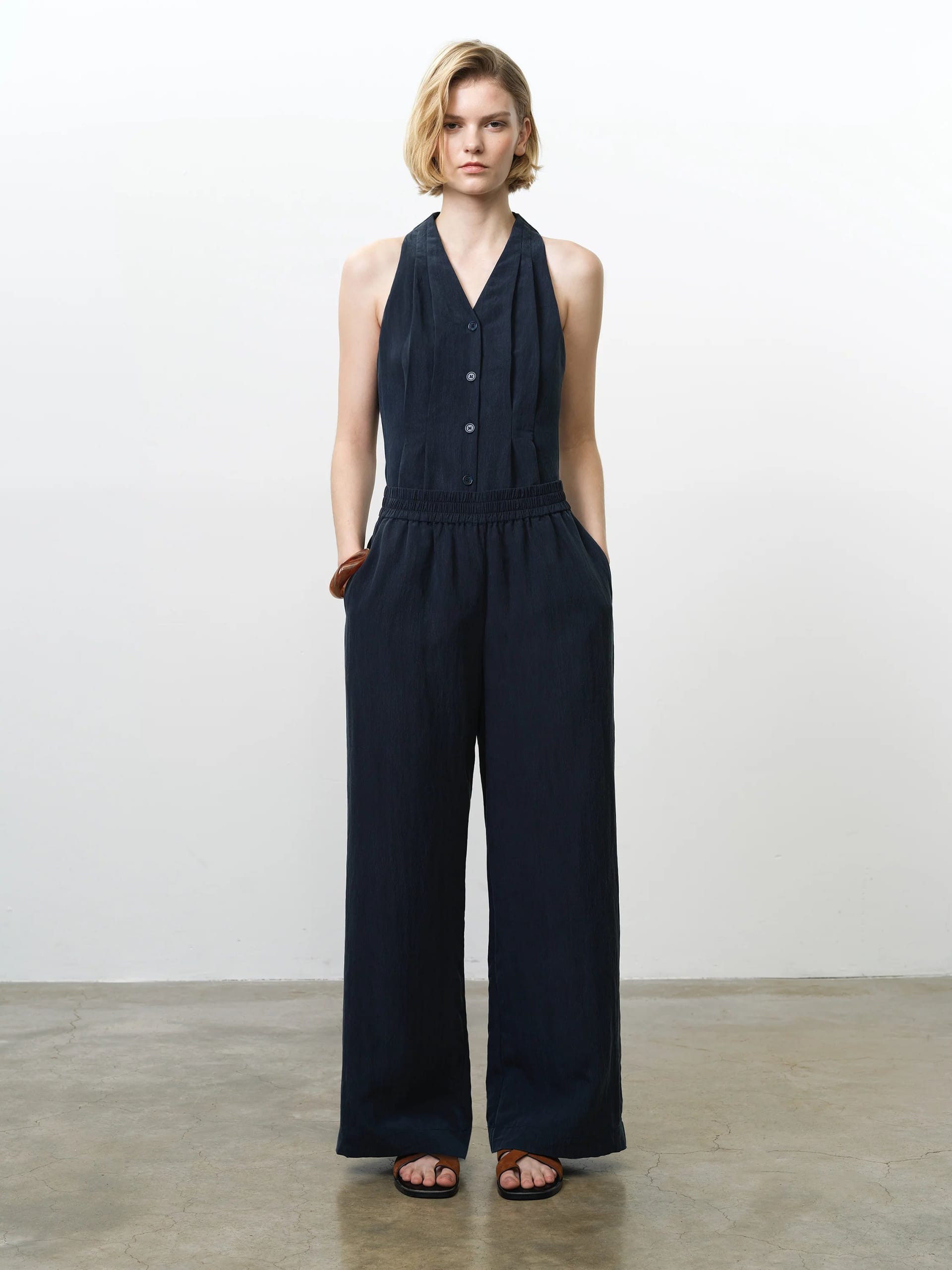 French Connection Navy Blue Linen Jumpsuit