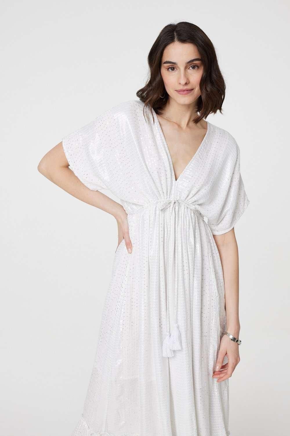 Izabel London Izabel London Women's Dotty Empire Waist Kimono Maxi Dress in White - 4