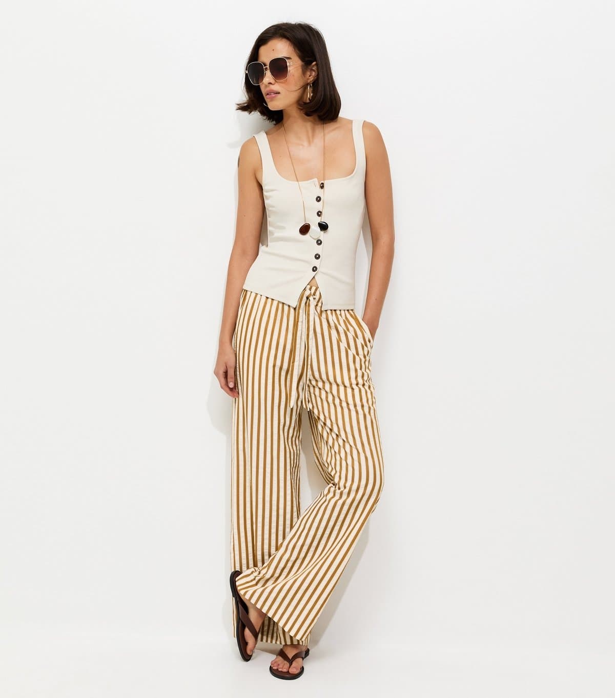 New Look Women's Yellow Striped Seersucker Wide Leg Trousers New Look