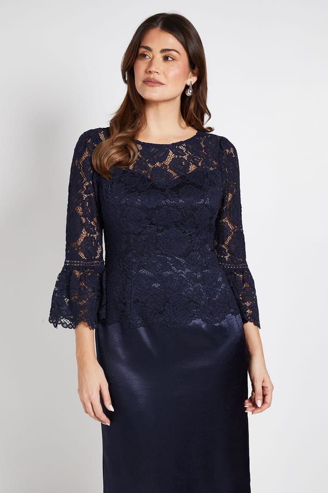 Wallis Wallis Women's Lace Ruffle Sleeve Pencil Dress in Navy - 2