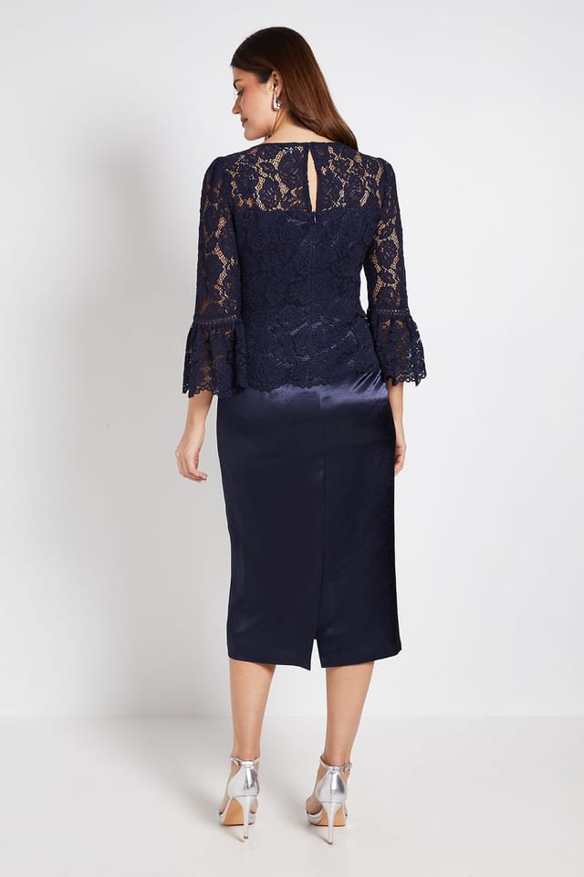 Wallis Wallis Women's Lace Ruffle Sleeve Pencil Dress in Navy - 3