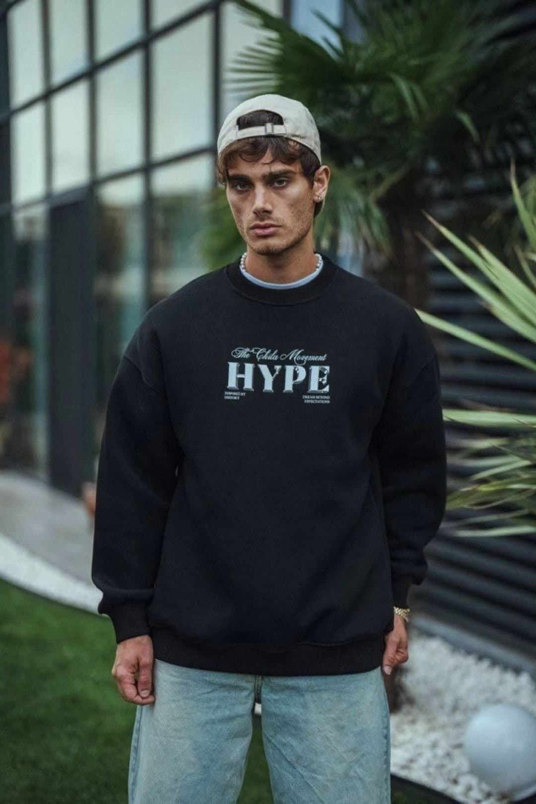 Janes Janes Men's Oversized Crew Neck Printed Sweatshirt in Black
