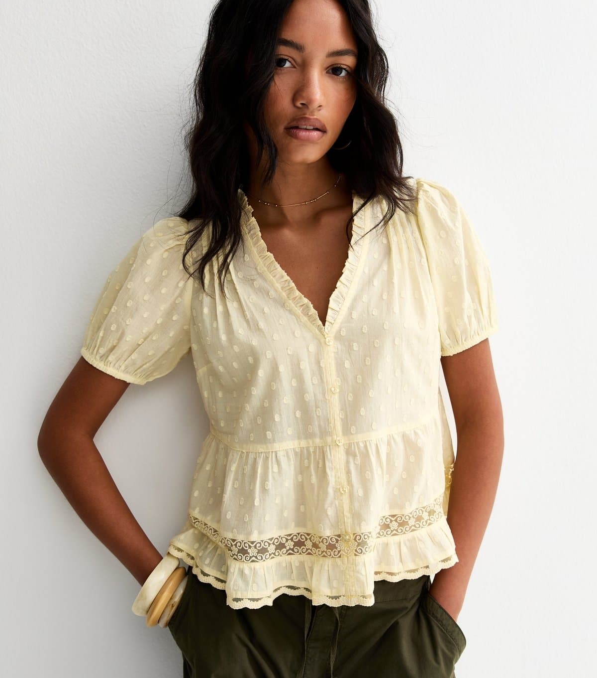 New Look New Look Light Yellow Speckled Lace Tea Blouse