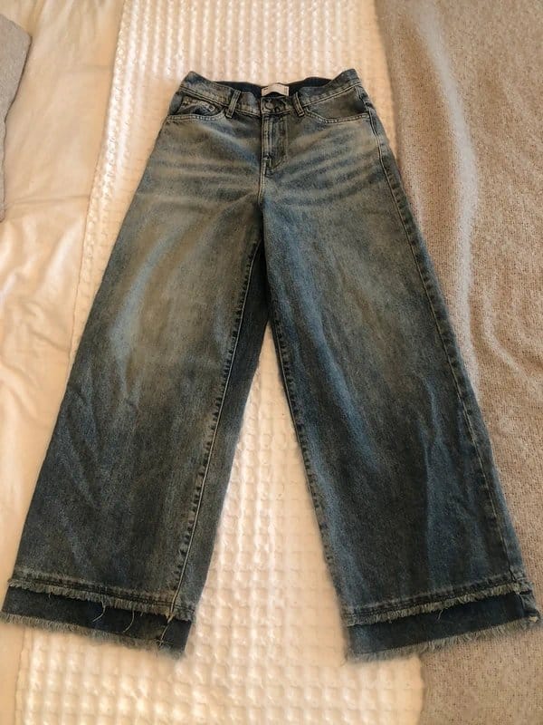 ASOS Design Blue Washed Denim Wide Frayed Leg Jeans