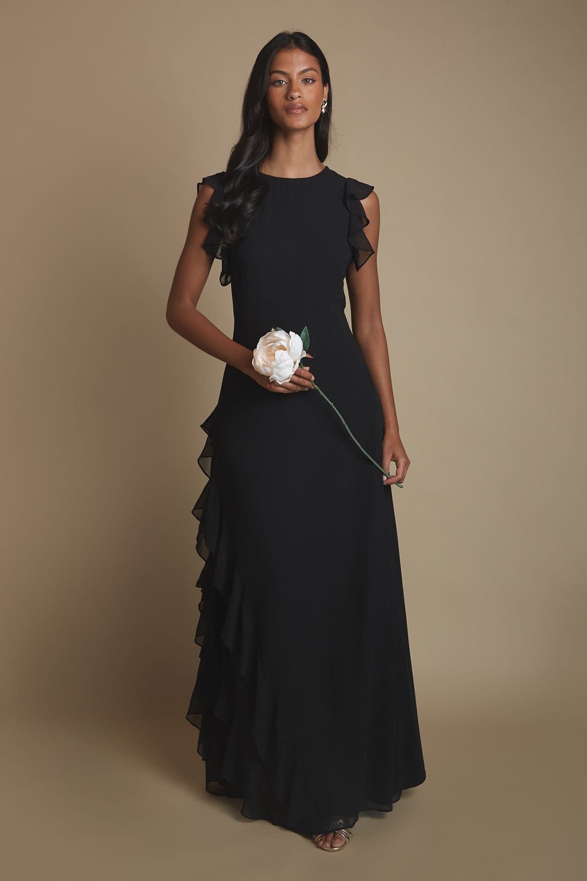 Coast Coast Women's Petite Honoured Ruffle Georgette Maxi Bridesmaid Dress in Black