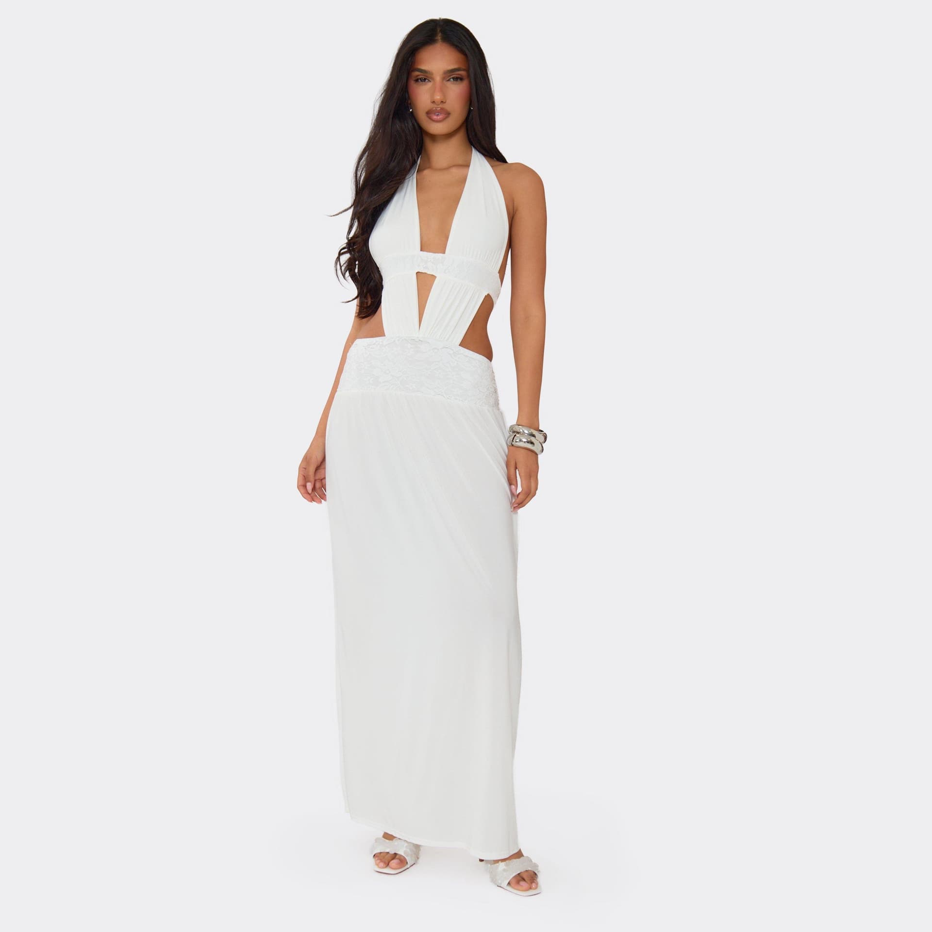 EGO Halterneck Lace Panel Cut Out Maxi Dress In Ivory, Women's Size UK 6