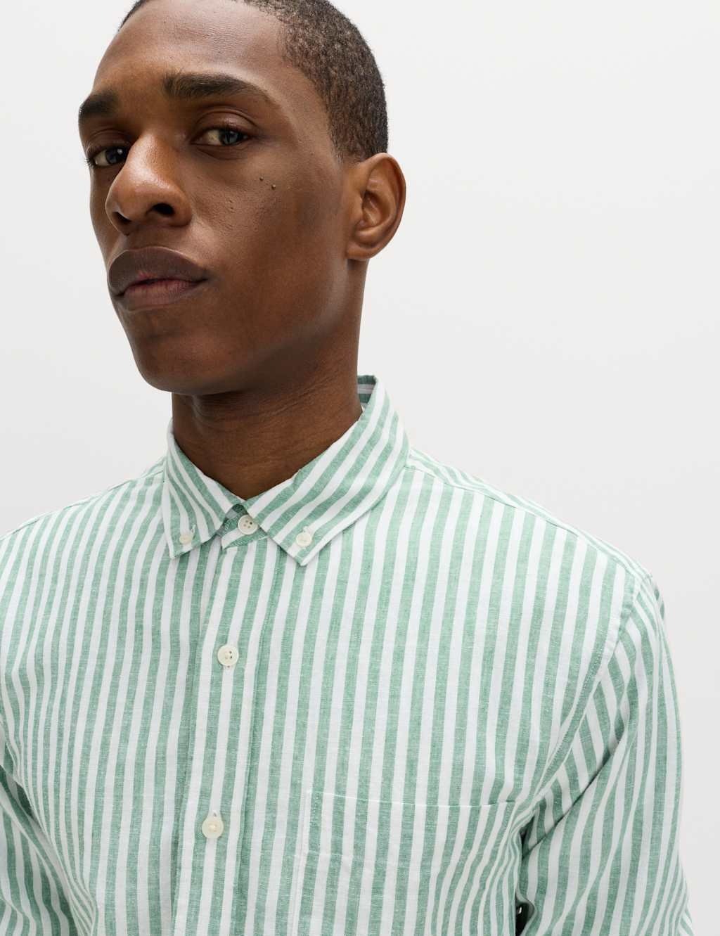 Marks & Spencer M&S Linen Cotton Blend Striped Shirt Green Mix - 2
