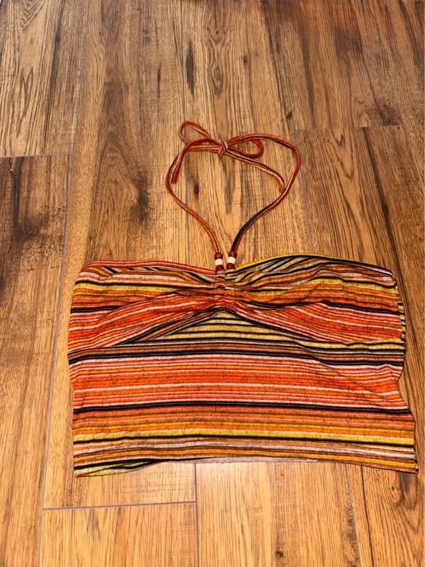 Romwe ROMWE Multi‑Stripe Tie‑Neck Halter Top | Retro Boho Style | Size 12