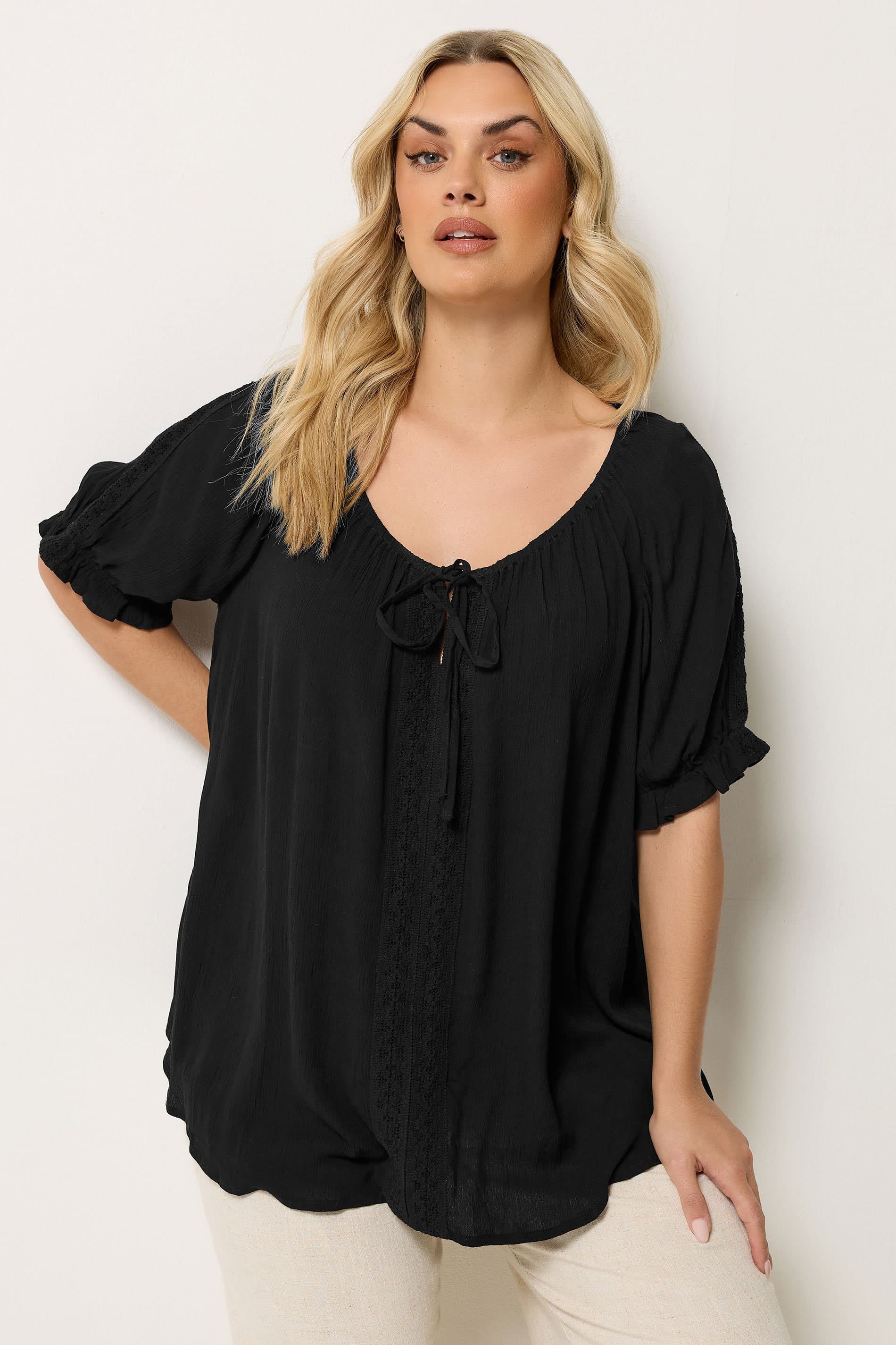 Yours Plus Size Black Crochet Detail Top