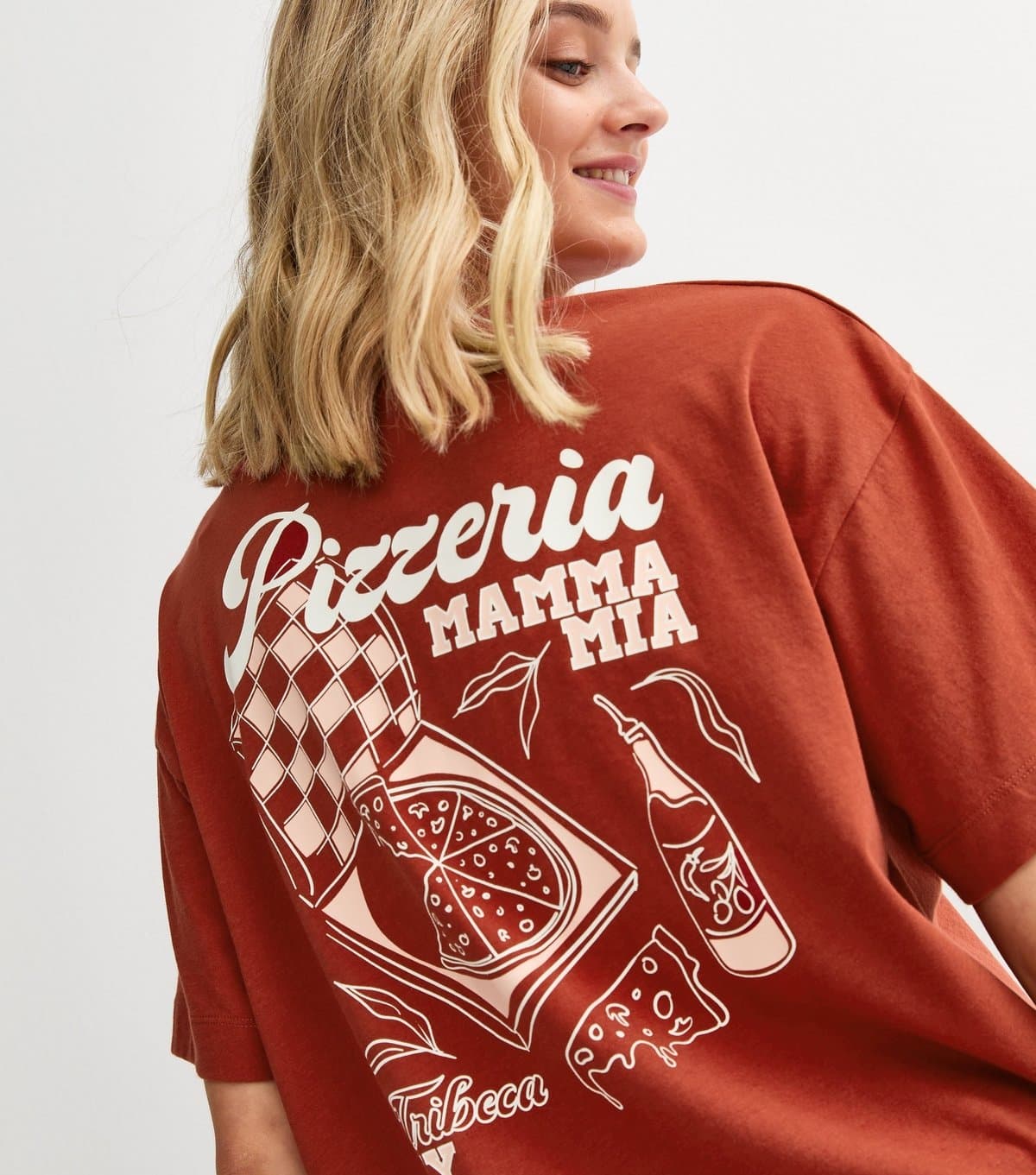 New Look Women's Dark Red Pizza Print Oversized T-Shirt New Look