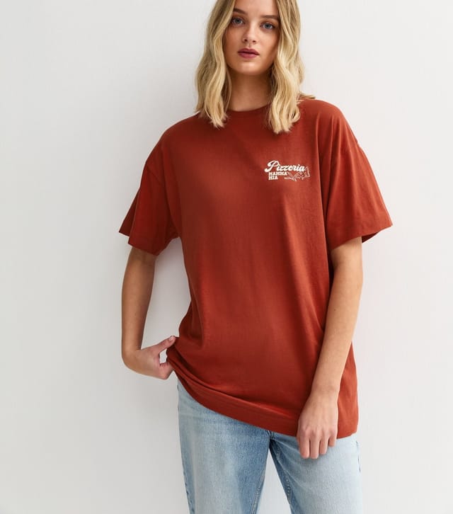 New Look Women's Dark Red Pizza Print Oversized T-Shirt New Look - 2
