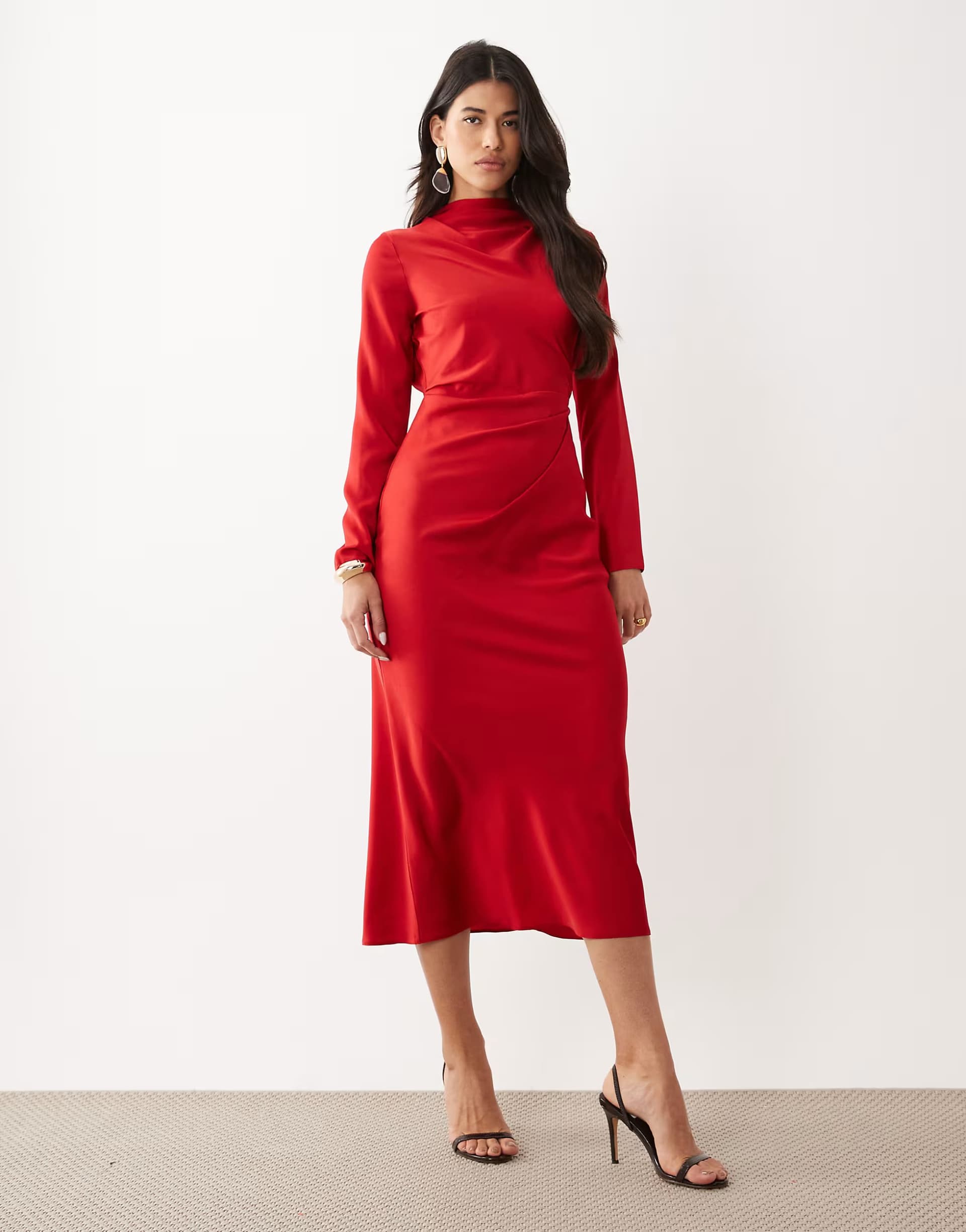 ASOS ASOS DESIGN long sleeved high neck pleated bodice midi dress in red