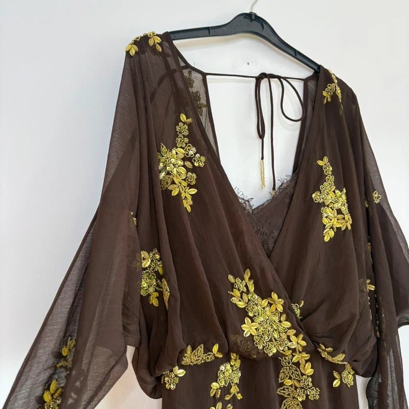 ASOS ASOS batwing embellished slouchy hip mini dress with lace cami in chocolate and lime Size 8