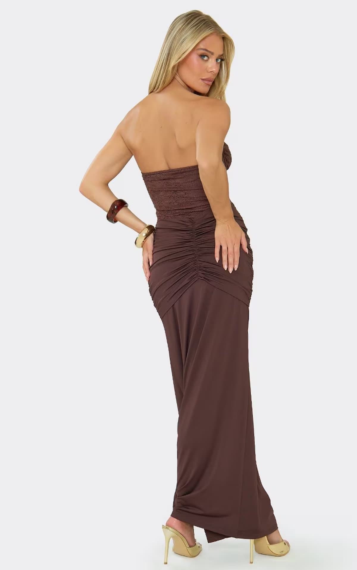 EGO Bandeau Corset Drape Fron Maxi Dress In Brown Lace., Women's Size UK 6