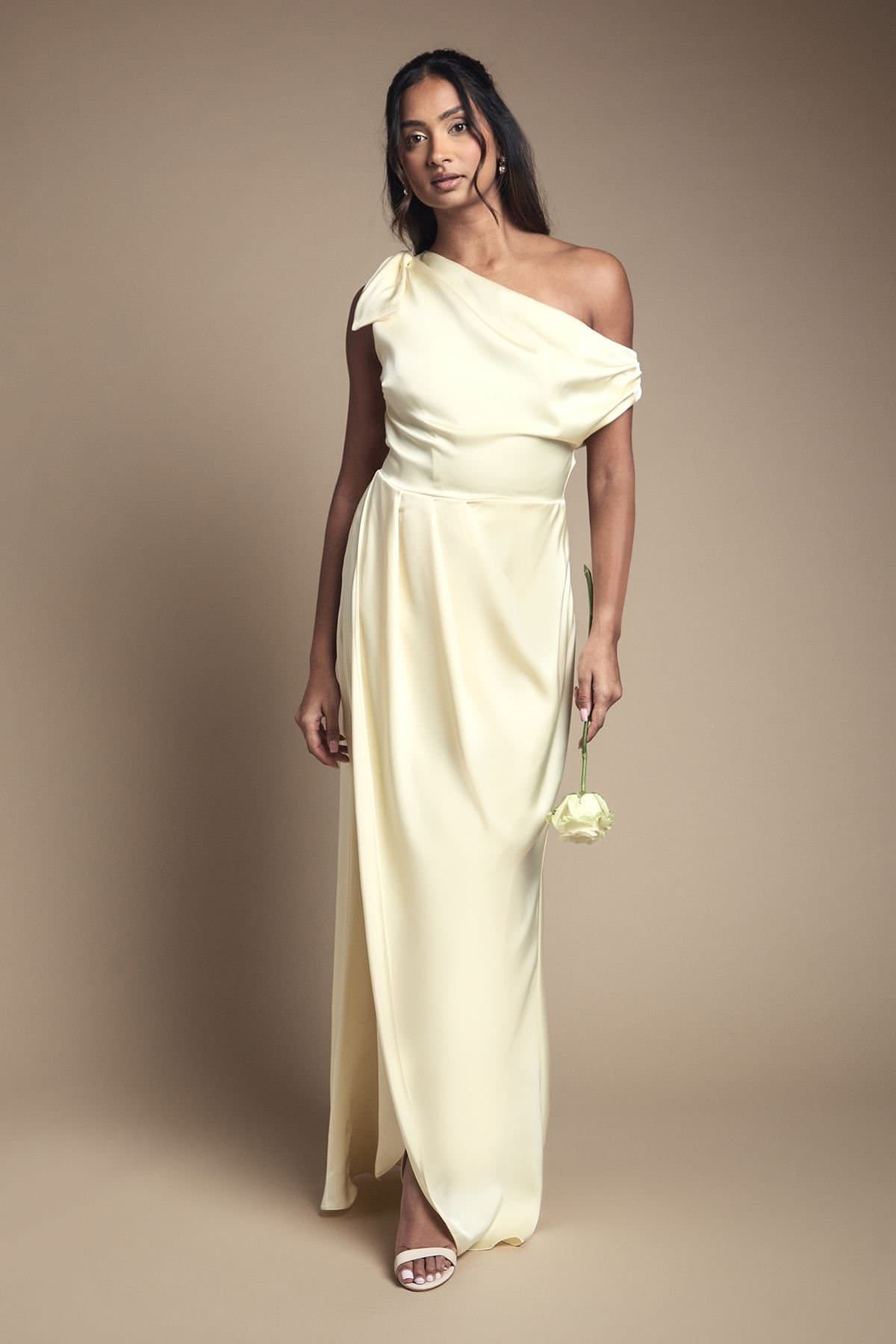 Coast Coast Women's Fallen Shoulder Bow Detail Bridesmaid Maxi Dress in Lemon