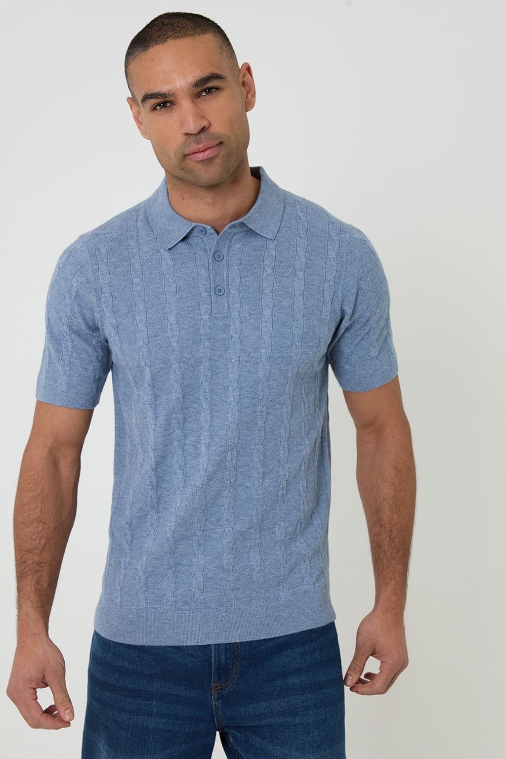 Threadbare threadbare Men's Cable Stripe Knitted Button Polo in Blue - 1