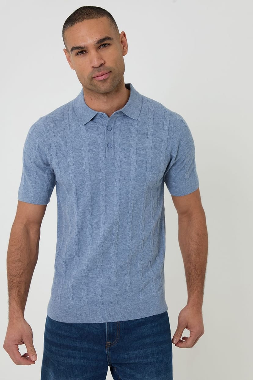 Threadbare threadbare Men's Cable Stripe Knitted Button Polo in Blue - 1