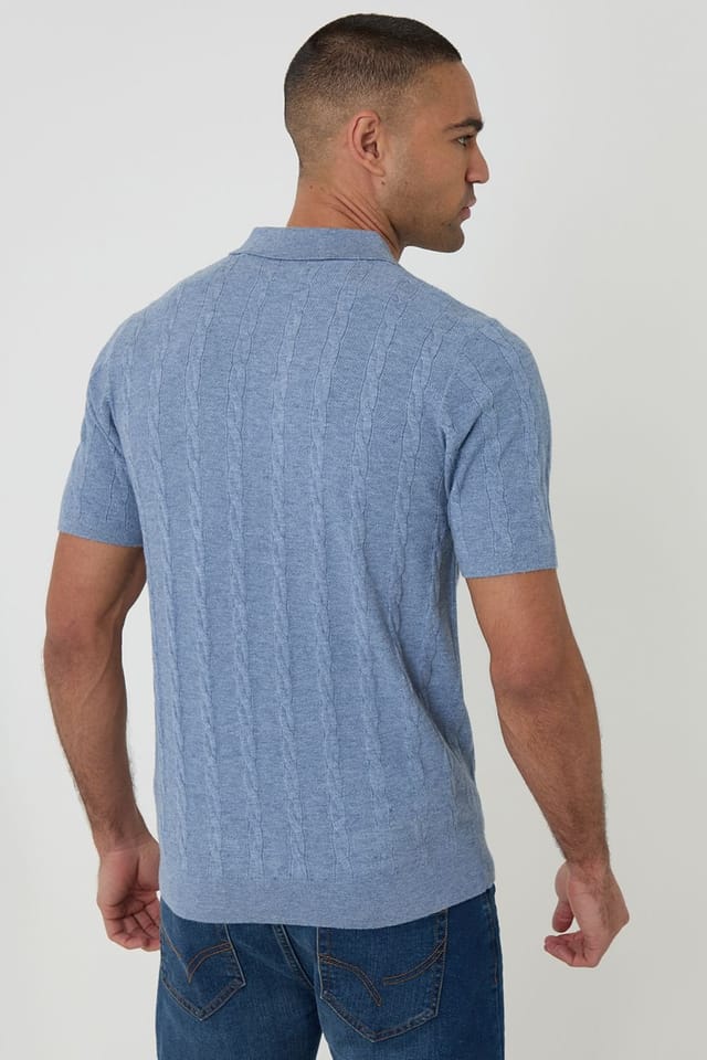 Threadbare threadbare Men's Cable Stripe Knitted Button Polo in Blue - 2