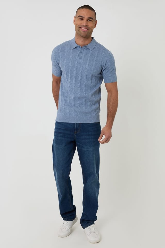 Threadbare threadbare Men's Cable Stripe Knitted Button Polo in Blue - 3