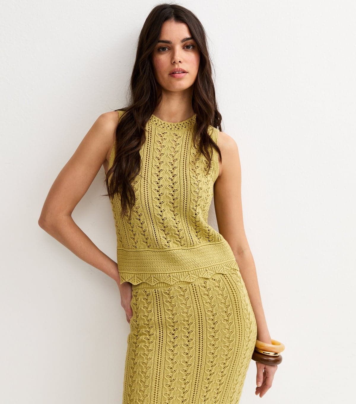 New Look Women's Green Cotton Rich Scallop Hem Pointelle Knitted Vest New Look