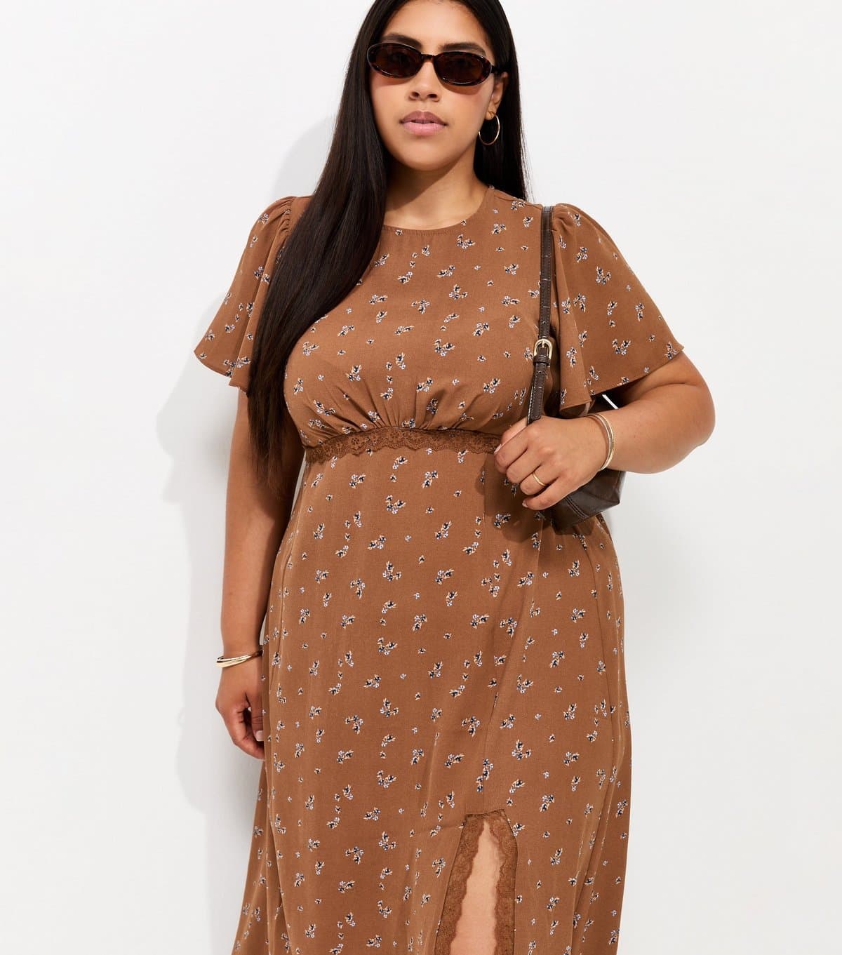 New Look Women's Plus Size Brown Floral Lace Midi Dress Curves New Look