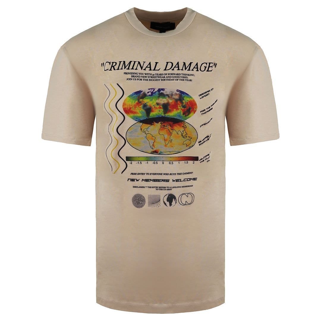 Criminal Damage Criminal Damage Men's Phase Rave Poster Cotton Sand T-Shirt in Beige - 1
