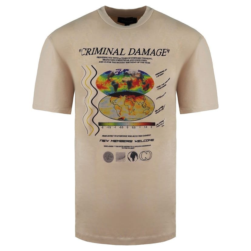Criminal Damage Criminal Damage Men's Phase Rave Poster Cotton Sand T-Shirt in Beige - 1