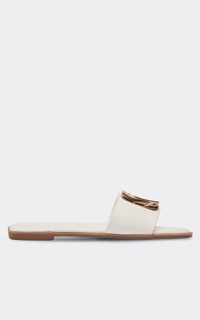 EGO Ronan Trim Detail Flat Slider Sandal In White Faux Leather, Women's Size UK 3 - 2