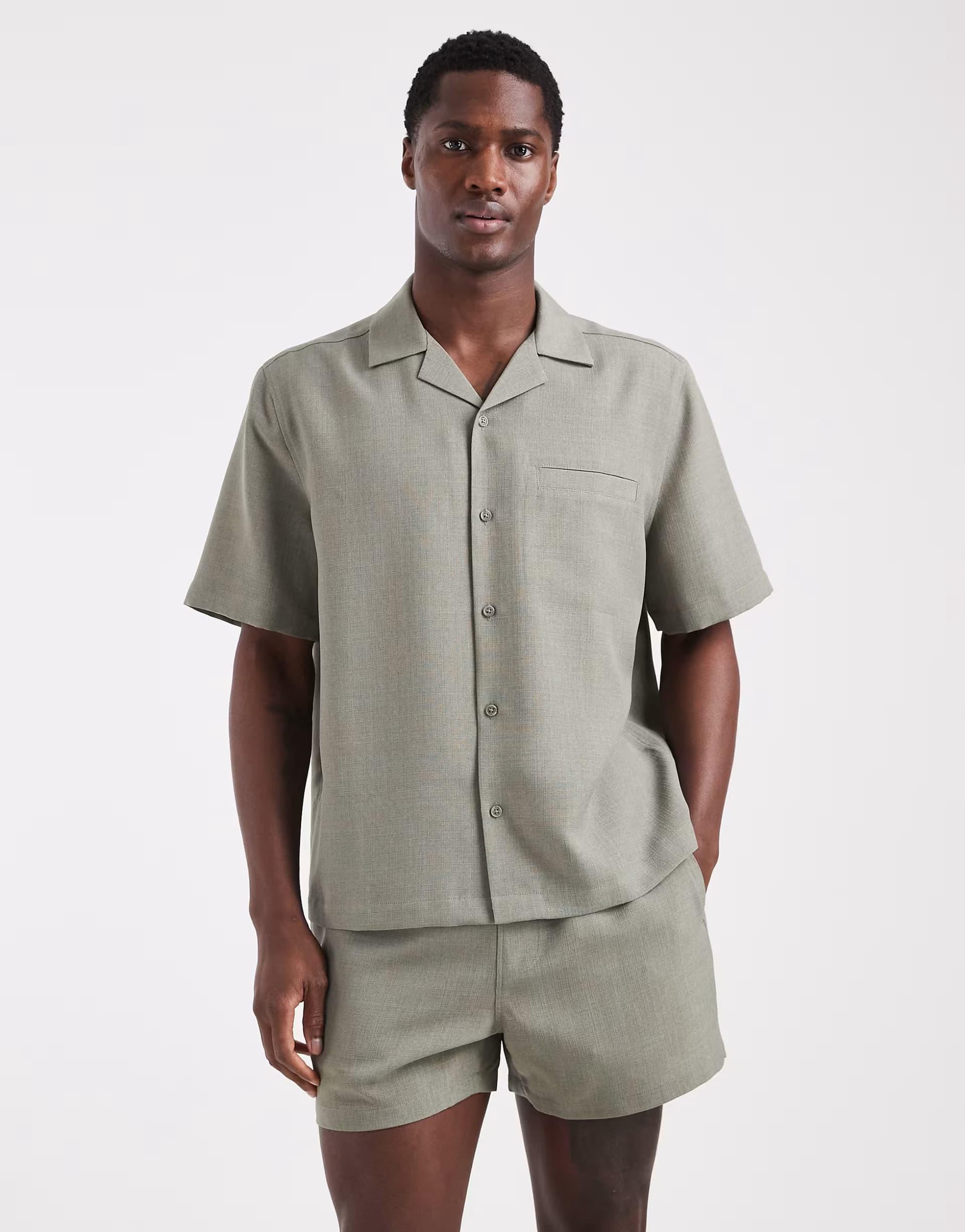 ASOS ASOS DESIGN co-ord linen look relaxed revere shirt in khaki
