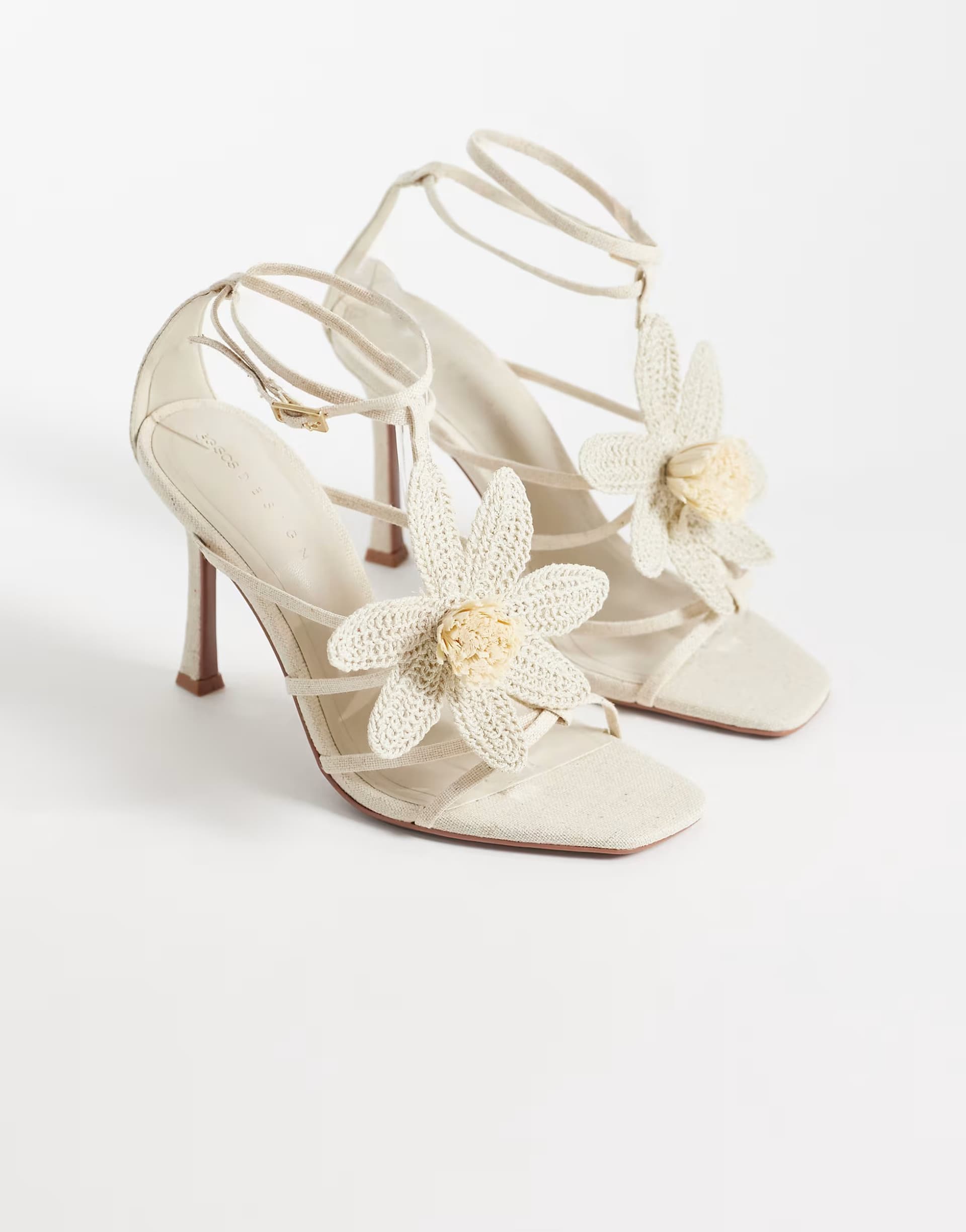ASOS ASOS DESIGN Natalia flower trim caged T bar high heel sandals in natural linen