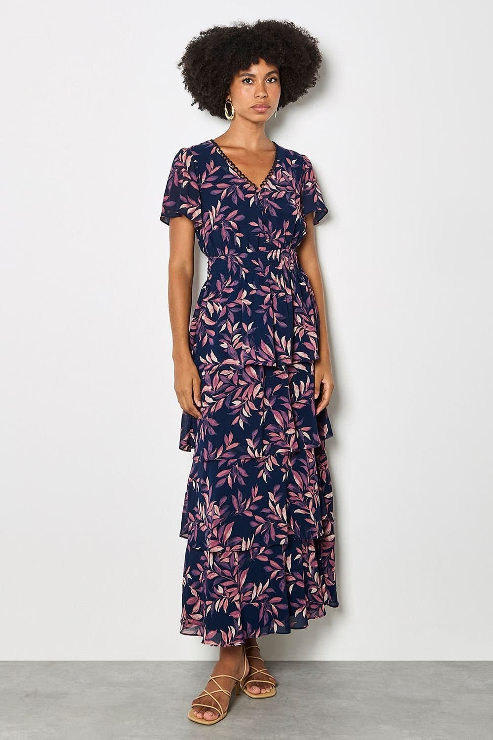 Apricot Apricot Women's Watercolour Leaves Chiffon Tiered Maxi Dress in Navy