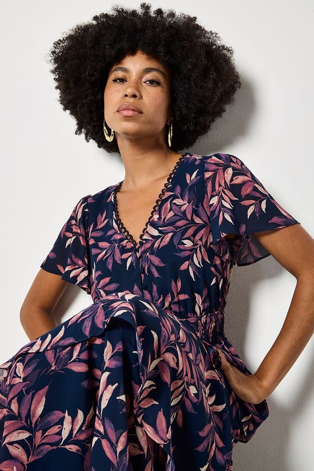 Apricot Apricot Women's Watercolour Leaves Chiffon Tiered Maxi Dress in Navy - 2