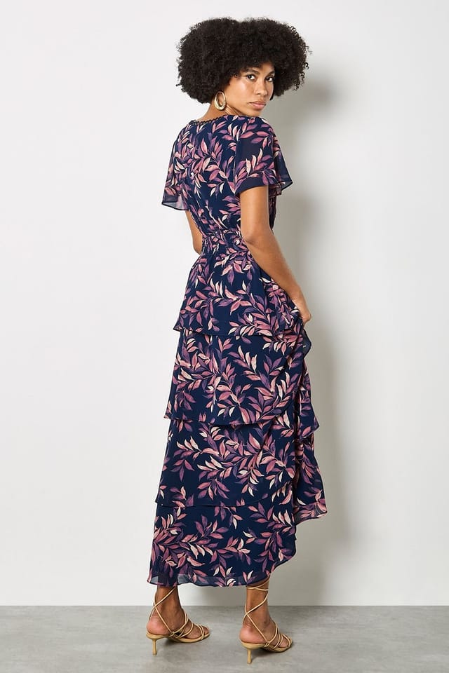 Apricot Apricot Women's Watercolour Leaves Chiffon Tiered Maxi Dress in Navy - 3