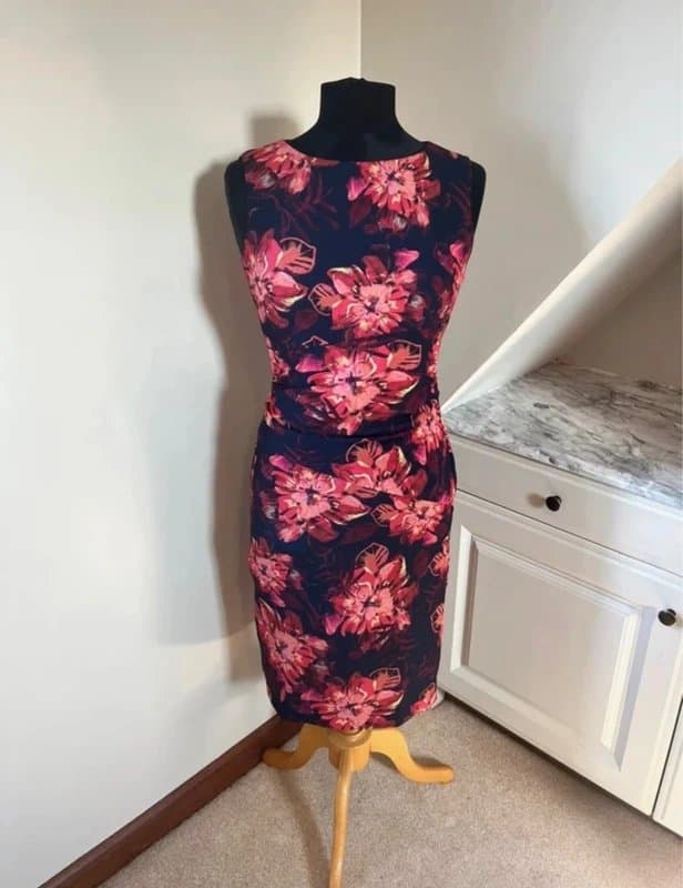 Hobbs Hobbs Navy Red Sleeveless Floral Summer Midi Dress Zip Back Special Occasion Size 8
