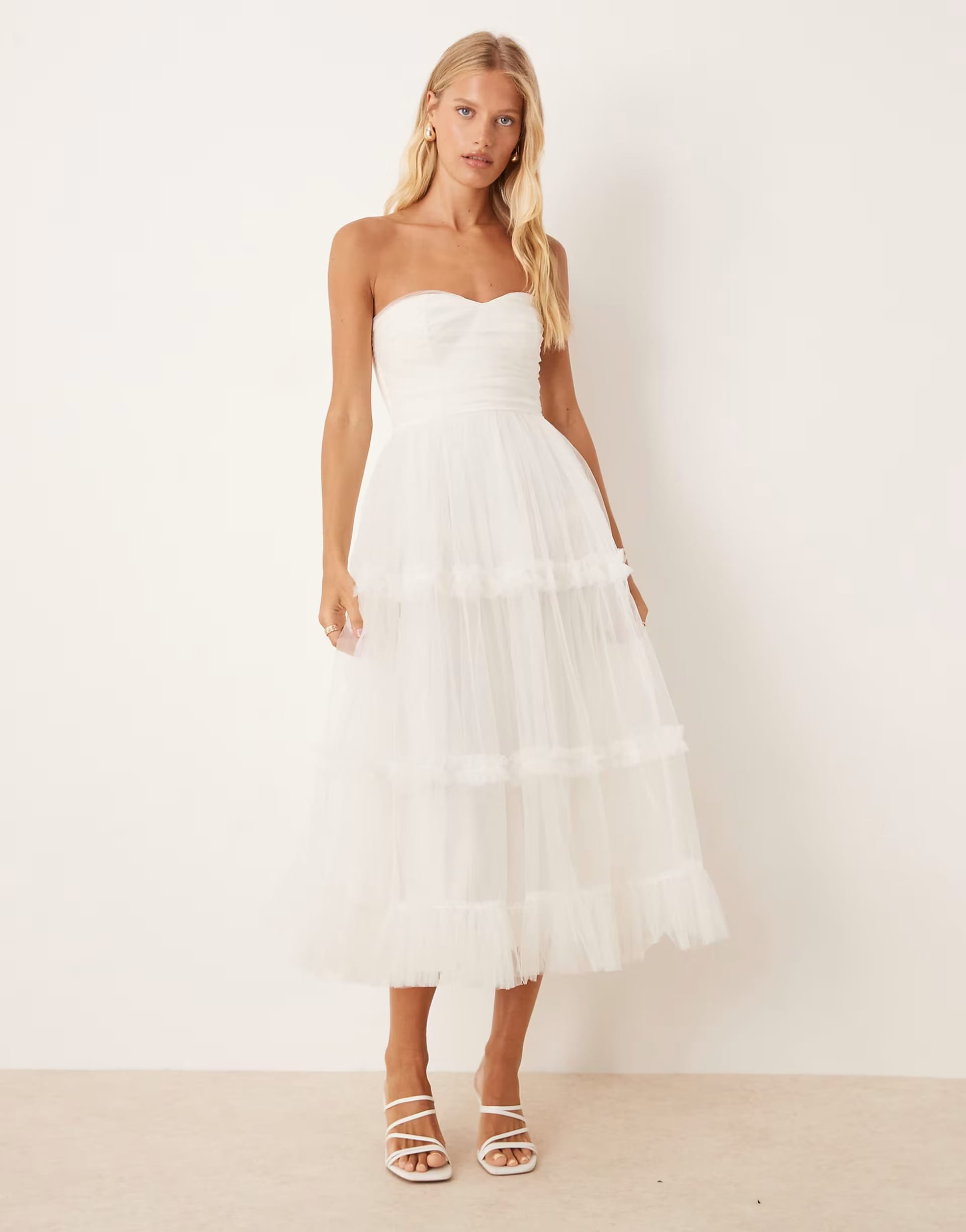 ASOS Butter Cream Lace & Beads Bandeau Ruffle Midi Dress