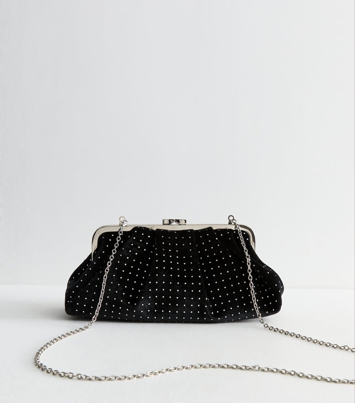 New Look Black Satin Pleated Frame Sparkle Clutch New Look