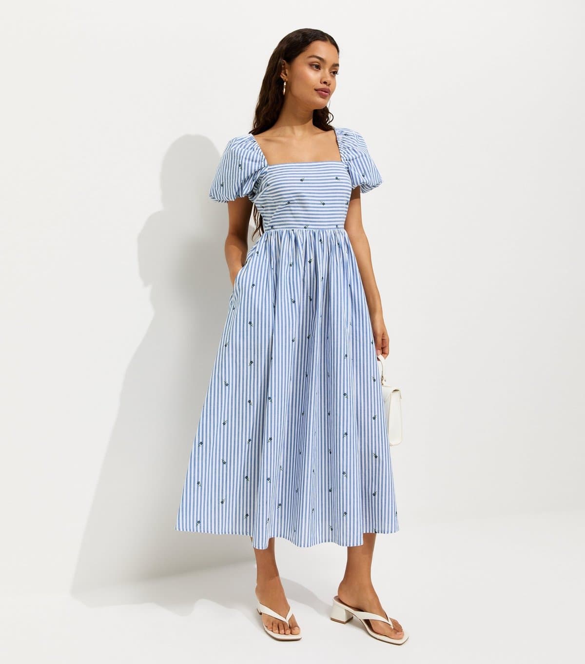 New Look Women's Petite Blue Cotton Floral Stripe Print Milkmaid Puff Sleeve Midi Dress New Look