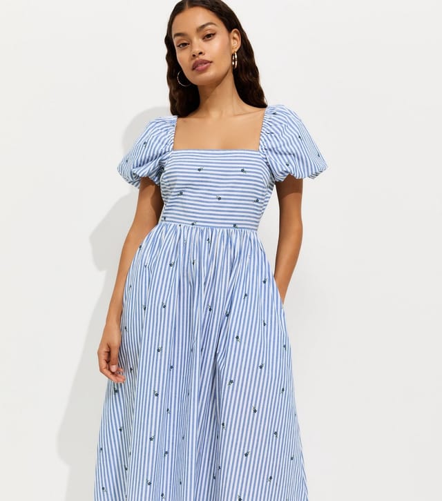 New Look Women's Petite Blue Cotton Floral Stripe Print Milkmaid Puff Sleeve Midi Dress New Look - 2