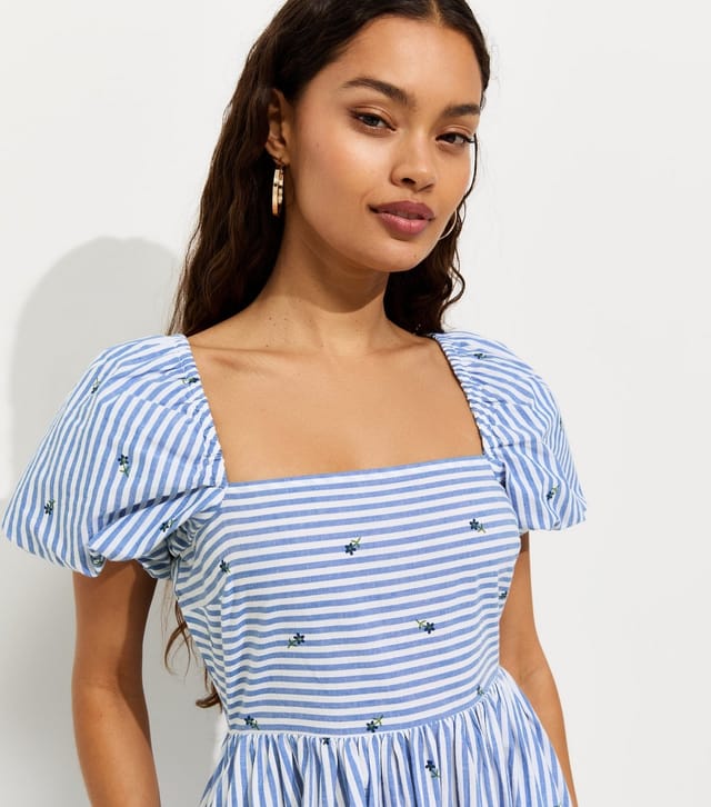 New Look Women's Petite Blue Cotton Floral Stripe Print Milkmaid Puff Sleeve Midi Dress New Look - 3