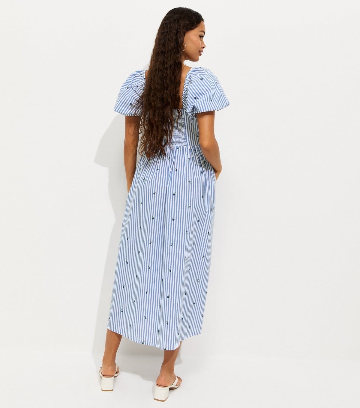 New Look Women's Petite Blue Cotton Floral Stripe Print Milkmaid Puff Sleeve Midi Dress New Look - 4