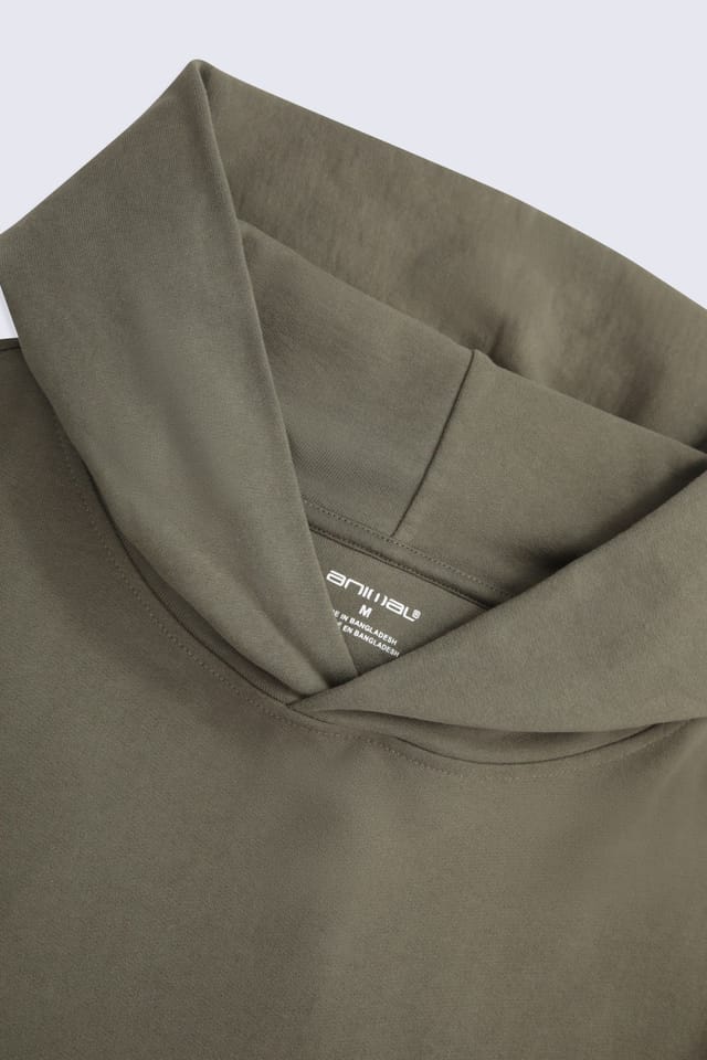 Animal Animal Men's 'Icon' Logo Print Kangaroo Pocket Cotton Snug Fit Drop Shoulder Hoody in Khaki - 3