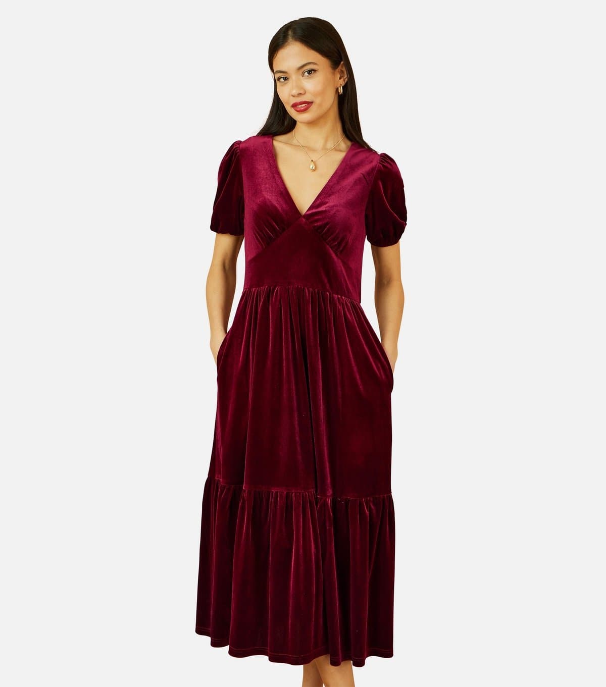 Yumi Women's Burgundy Velvet Tiered Midi Dress Yumi New Look