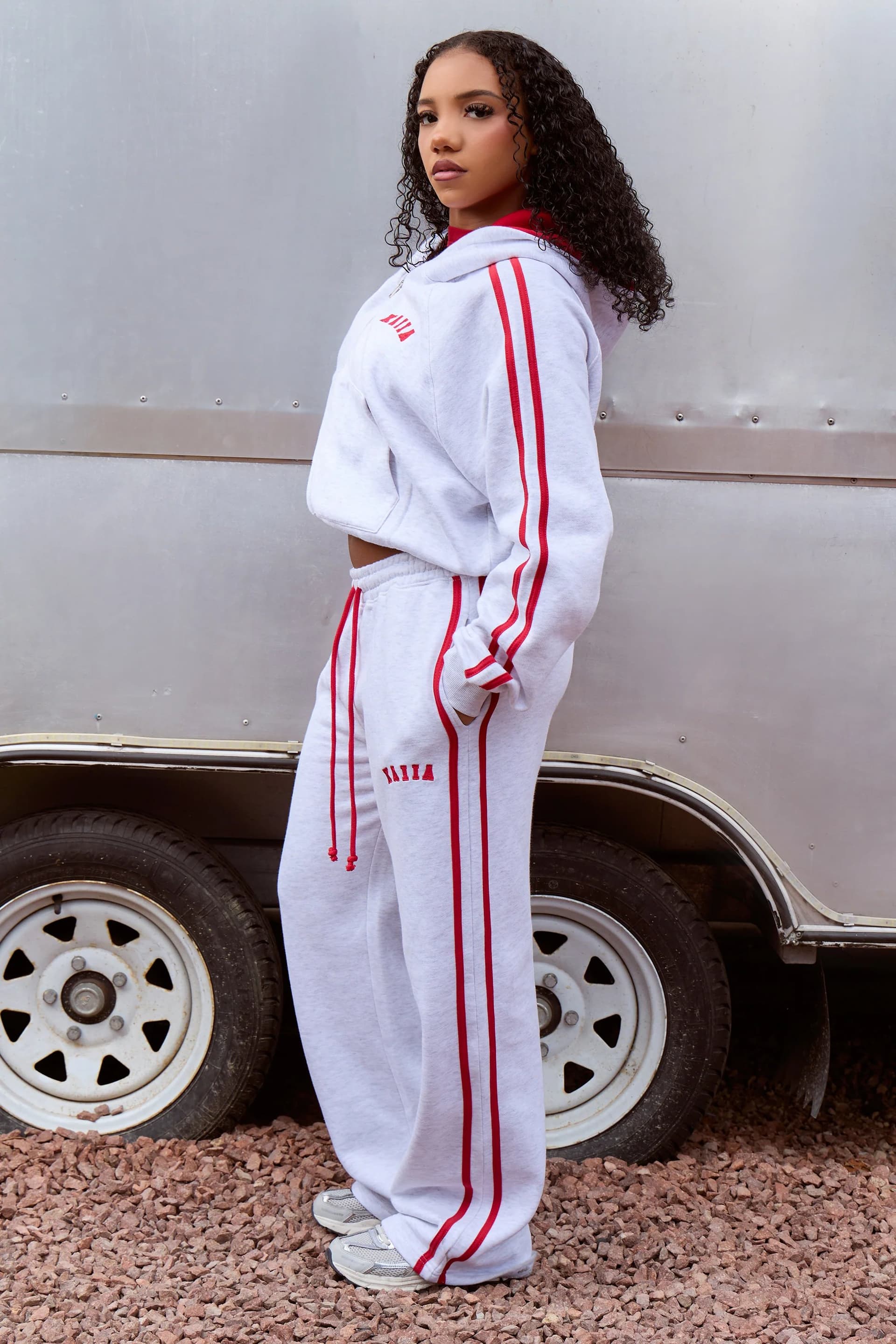 Kaiia Kaiia Sport Side Stripe Wide Leg Joggers Light Grey Marl & Sport Red