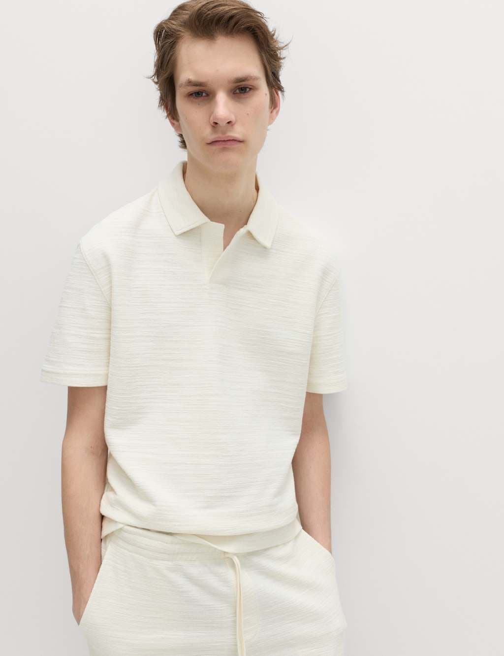 Marks & Spencer M&S Cotton Rich Notch Neck Boucle Polo Shirt Ecru