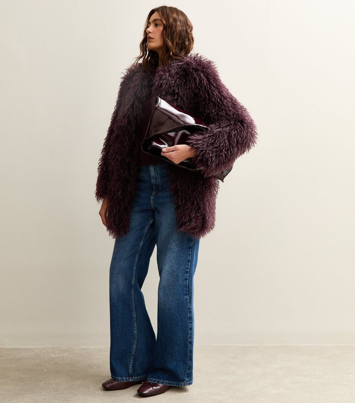 New Look Women's Dark Burgundy Faux Fur Midi Coat New Look