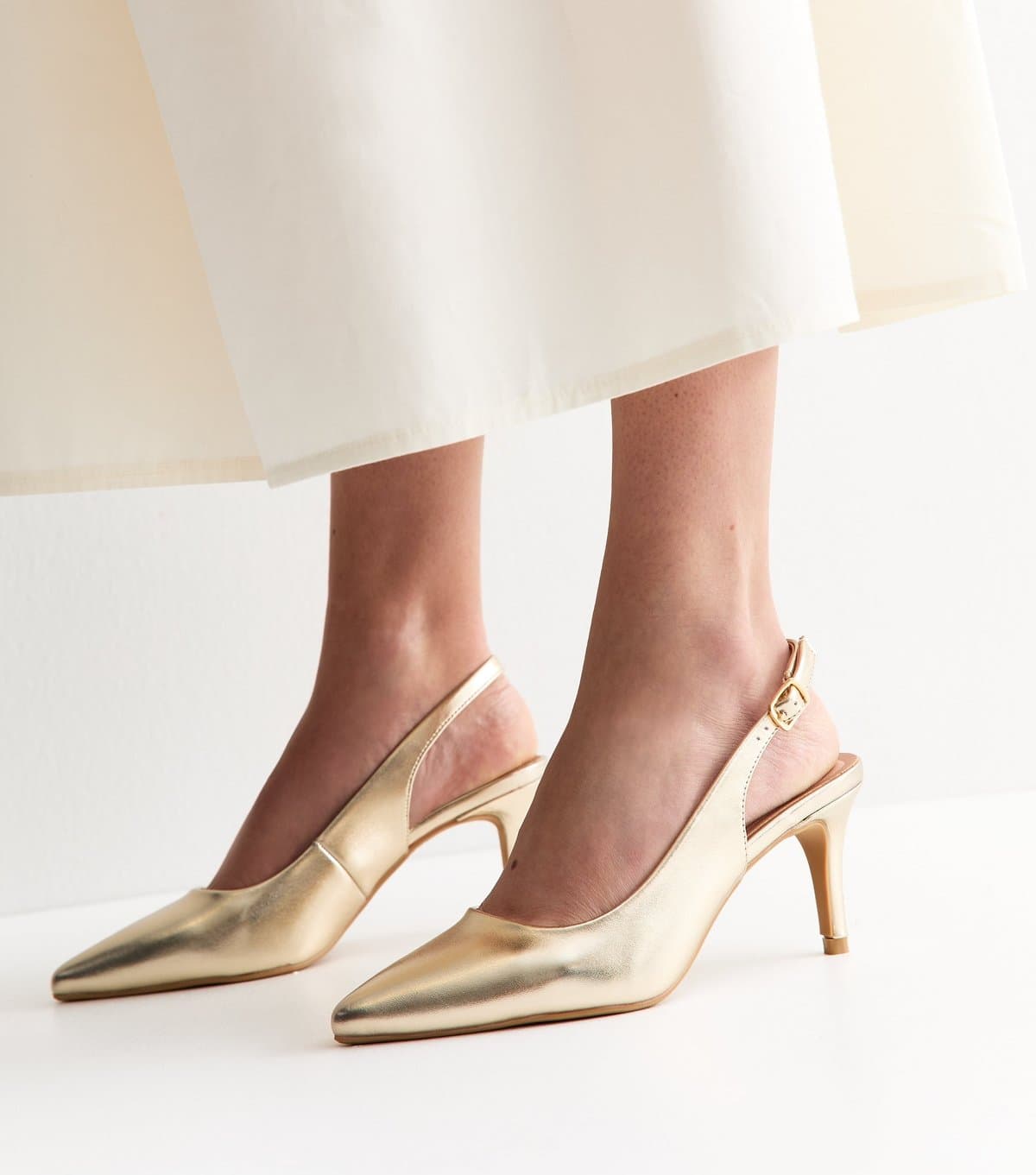 New Look Women's Gold Faux Leather Slingback Stiletto Court Shoes Vegan New Look
