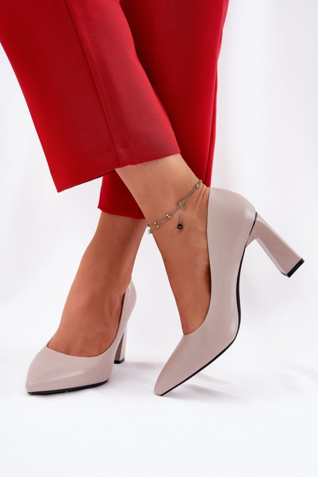 Love Lace Love Lace Grey Block Heel Pumps With Pillar Heel Pointed Toe