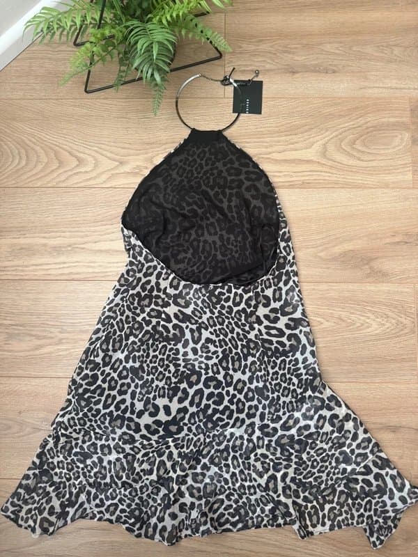 Bershka Bershka Leopard Print Halterneck Mini Dress | Ring Neck | Ruffle Hem | Size M | BNWT